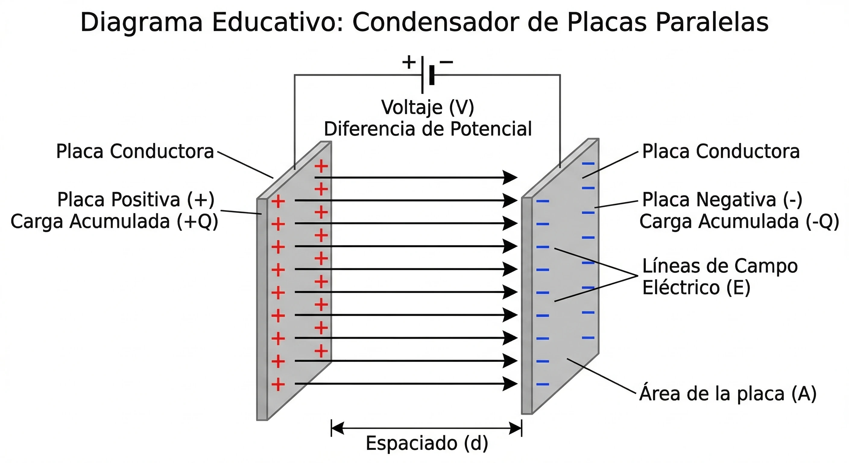 Condensador con placas paralelas mostrando almacenamiento de carga y campo eléctrico entre ellas